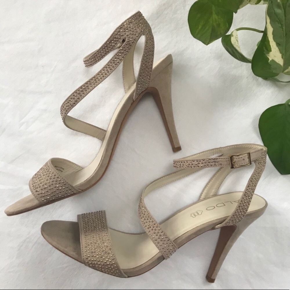 Aldo Strappy Heels Sandals Tan Rhinestones 10